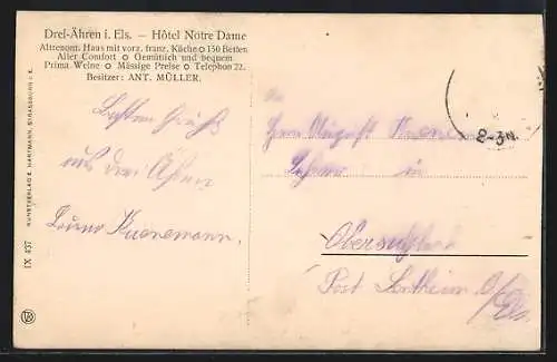 AK Drei Ähren i. Els., Ortsansicht mit Hotel Notre Dame v. Anton Müller