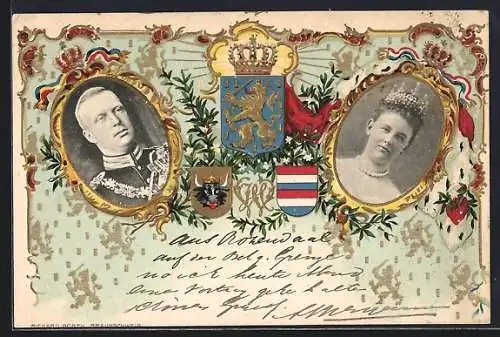 Lithographie Königin Wilhelmina von den Niederlanden und ihr Gemahl, Wappen, Krone