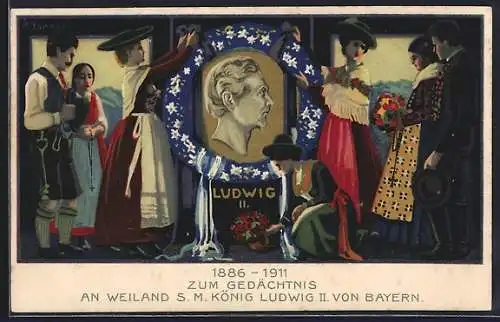 AK Frauen schmücken Gedenktafel König Ludwig II., Blumenkranz