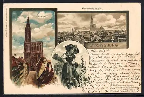 Künstler-Lithographie Carl Münch: Strassburg, Gesamtansicht, Münster und Volkstracht