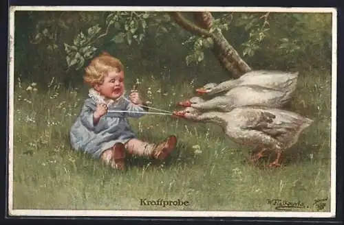 Künstler-AK Wally Fialkowska: Goldene Kindheit - Kraftprobe, Kinder