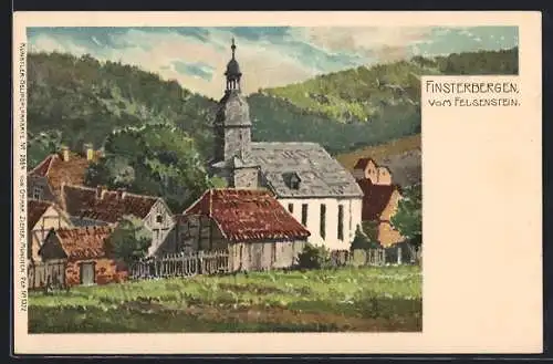 Lithographie Finsterbergen, Blick vom Felsenstein auf die Kirche