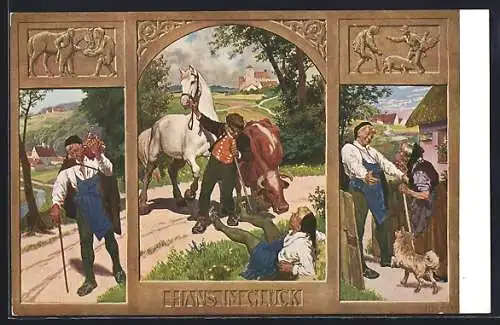 Künstler-AK Paul Hey: Hans im Glück kehrt nach Haus zu seiner Mutter zurück, Pferd, Kuh, Hund