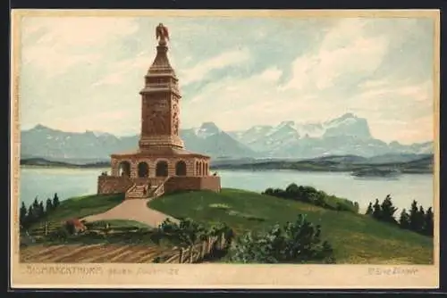 Künstler-AK Zeno Diemer: Berg /Starnberger See, Bismarckthurm gegen Zugspitze