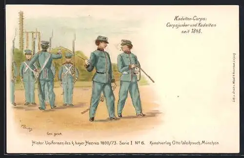 Lithographie Kadetten-Corps: Corpsjunker und Kadetten seit 1848, Histor. Uniformen des k. bayer. Heeres 1800 /73