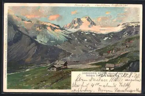 Lithographie Dresdner Hütte, Berghütte der Sektion Dresden d. D. u. Oe. A. V. im Stubai