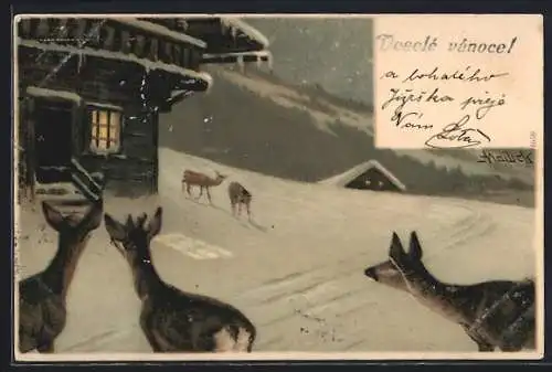 Künstler-AK Alfred Mailick: Ortspartie mit Rehen im Winter, Weihnachtsgruss