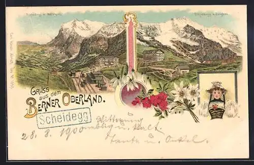 Lithographie Grosse Scheidegg /Berner Oberland, Panorama mit Wetterhorn und Jungfrau