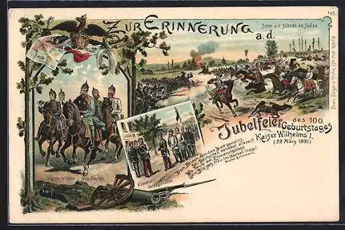 Lithographie Sedan, Szene aus der Schlacht bei Sedan, Jubelfeier des 100. Geburtstages Kaiser Wilhelms I. 1897