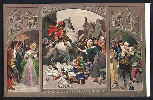 Künstler-AK Paul Hey: Märchen König Drosselbart, Reiter zerstört Geschirr