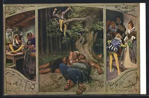 Künstler-AK P. Hey: Das tapfere Schneiderlein, Szene in der Schneiderstube, Schneider wirft einen Stein auf die Riesen