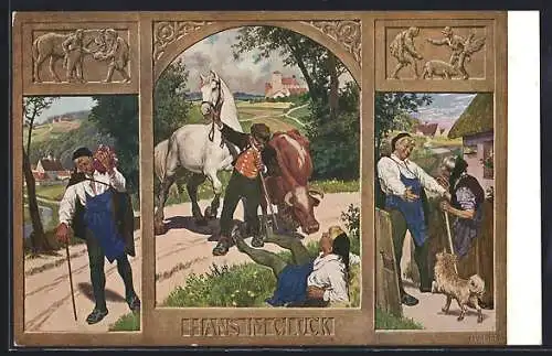 Künstler-AK Paul Hey: Hans im Glück kehrt nach Haus zu seiner Mutter zurück, Pferd, Kuh, Hund