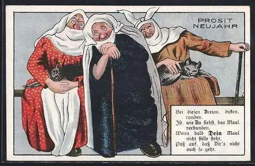 Künstler-AK Dicke Frauen mit verbundenem Mund, frauenfeindlicher Humor