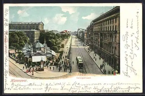 AK Hannover, Georgstrasse mit Strassenbahn von oben gesehen