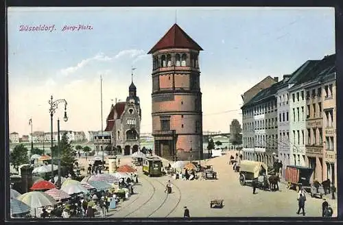 AK Düsseldorf, Strassenbahn auf dem Burg-Platz