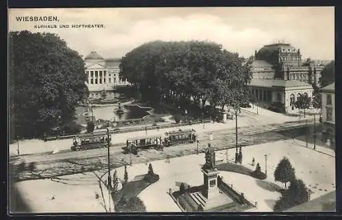 AK Wiesbaden, Kurhaus und Hoftheater, Strassenbahnen