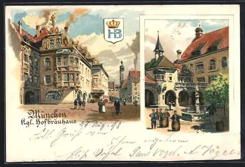 Lithographie Münchner Hofbräuhaus, Strassen- und Hofansicht, Wappen