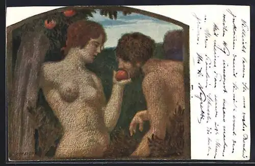 Künstler-AK G. Hirth`s Verlag, Serie: Der Apfel, Adam und Eva an einem Apfelbaum stehend