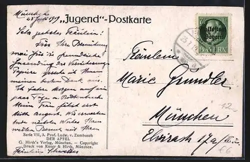 Künstler-AK G. Hirth`s Verlag, Serie: Der Apfel, Adam und Eva an einem Apfelbaum stehend