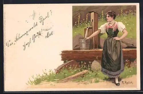 Künstler-AK Alfred Mailick: Älplerin in Tracht am Brunnen