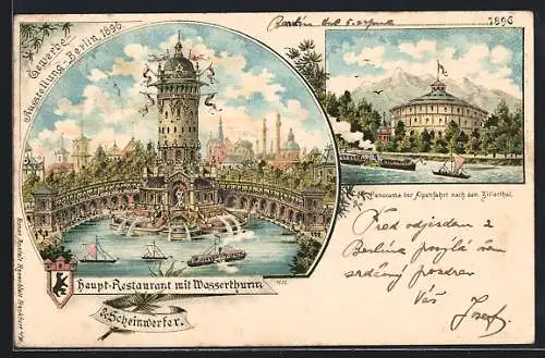 Lithographie Berlin, Gewerbe-Ausstellung 1896, Haupt-Restaurant mit Wasserturm & Scheinwerfer, Dampfer