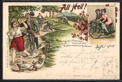 Lithographie All Heil, Fahrradunfälle: Gibts Hindernisse drauf und dran!...