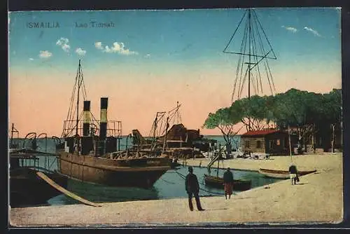 AK Ismailia, Lac Timsah, Dampfschiff, Ruderboote, Leute