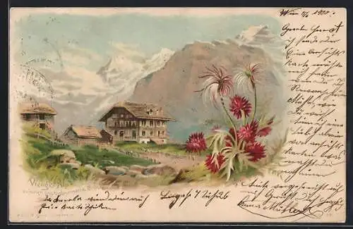 Lithographie Wengen, Wenger Alp, Panorama mit Bergen