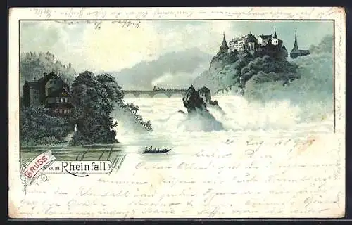 Lithographie Rheinfall und Schloss Laufen, Wenn auch kein Rheinwein...