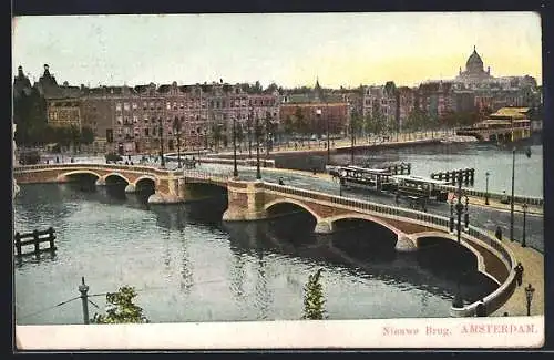 AK Amsterdam, Nieuwe Brug, Strassenbahn