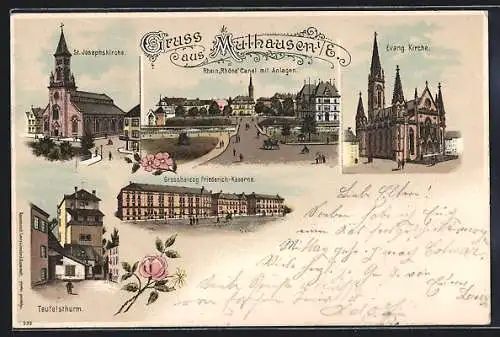 Lithographie Mülhausen, Teufelsturm, Grossherzog Friedrich-Kaserne