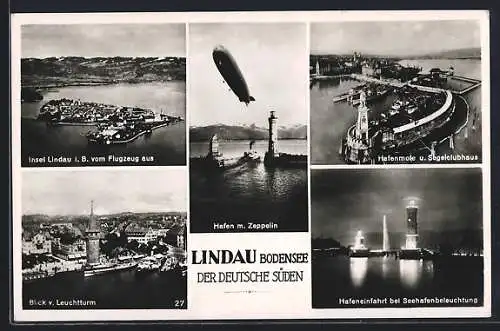 AK Lindau, Hafen mit Zeppelin, Blick vom Leuchtturm auf den Ort, Hafeneinfahrt bei Seehafenbeleuchtung