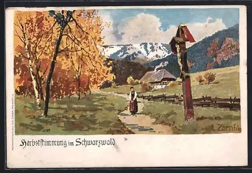 Künstler-AK Ludwig Zorn: Herbststimmung im Schwarzwald, Dame in Tracht auf dem Weg