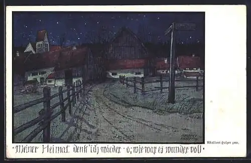 Künstler-AK sign.: Adalbert Holzer: Dorfstrasse in der Nacht