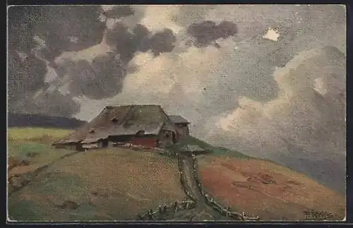 Künstler-AK Fritz Reiss: Herbst im Schwarzwald, Hof in stürmischem Wetter