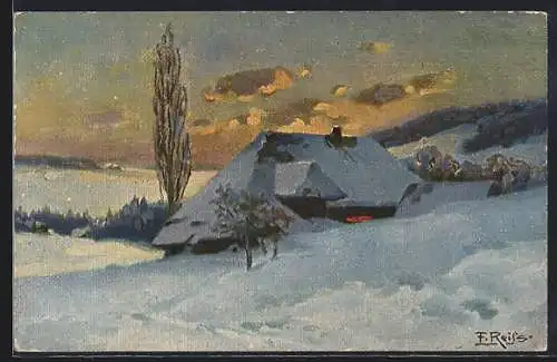 Künstler-AK Fritz Reiss: Bauernhaus im Schwarzwald im Winter
