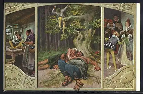 Künstler-AK P. Hey: Das tapfere Schneiderlein, Szene in der Schneiderstube, Schneider wirft einen Stein auf die Riesen