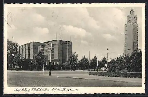 AK Magdeburg, Blick auf Stadthalle mit Ausstellungsturm