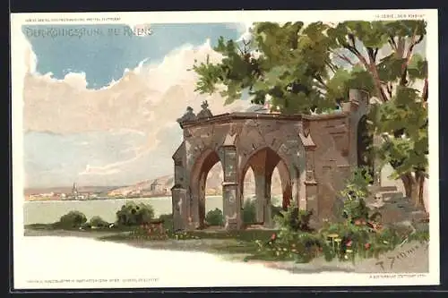 Künstler-AK P.Schmohl: Rhens, Der Königsstuhl, Ortschaft im Hintergrund