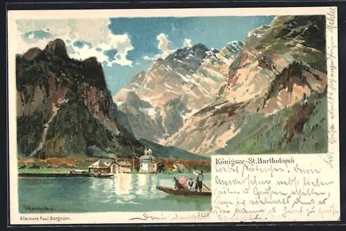 Lithographie Königsee / Berchtesgaden, Ruderboot auf St. Barholomä