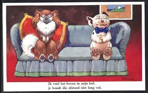 Künstler-AK George Ernest Studdy: Bonzo sitzt mit seiner Hundedame auf dem Sofa