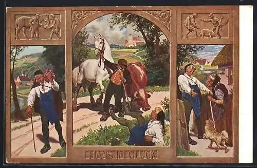 Künstler-AK Paul Hey: Hans im Glück kehrt nach Haus zu seiner Mutter zurück, Pferd, Kuh, Hund