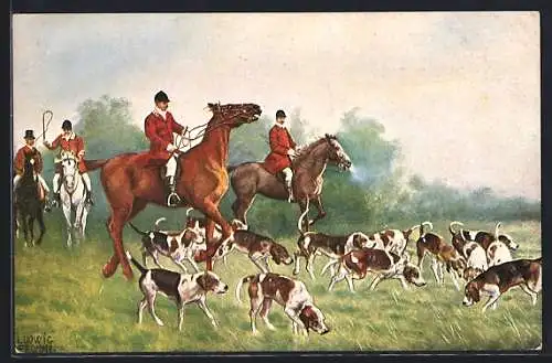 Künstler-AK Ludwig Fromme: Jagdgesellschaft mit Jagdhunden