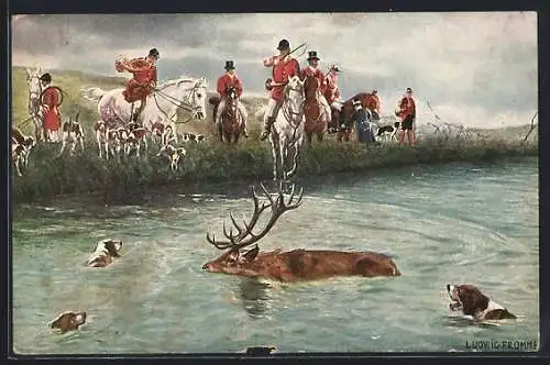 Künstler-AK Ludwig Fromme: Jägergruppe zu Pferd kreisen mit Jagdhunden einen Hischen im Wasser ein