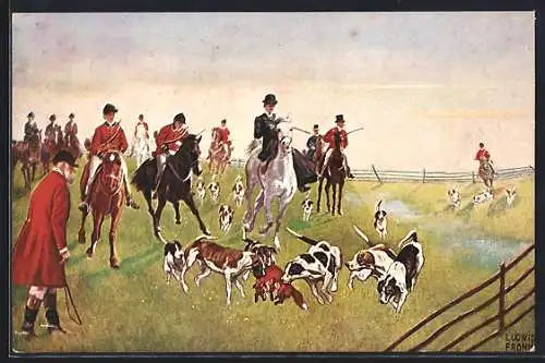 Künstler-AK Ludwig Fromme: Jägergruppe mit Jagdhunden