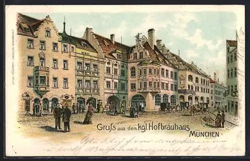 Lithographie München, Ortsansicht Münchner Hofbräuhaus mit Passanten