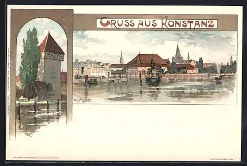 Künstler-AK Karl Mutter: Konstanz, Torturm, Ortspartie am Seeufer