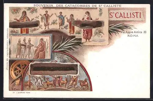 Lithographie Roma, Catacombes de St. Calliste, Via Appia Antica 33, Wandmalereien