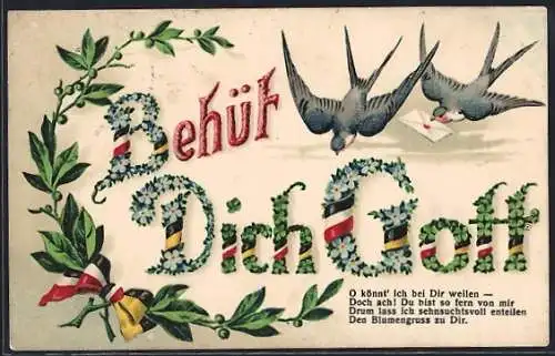 AK Schwalben mit Brief, Deutschland / Österreich - Behüt Dich Gott, mit Blumen verziert