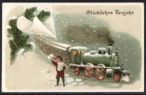 Lithographie Ein frohes Neujahr!, Eisenbahn, Bub mit Briefen